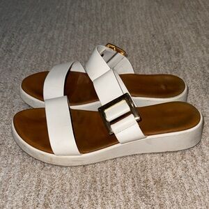 Women's White Slide Sandals with Gold Buckle